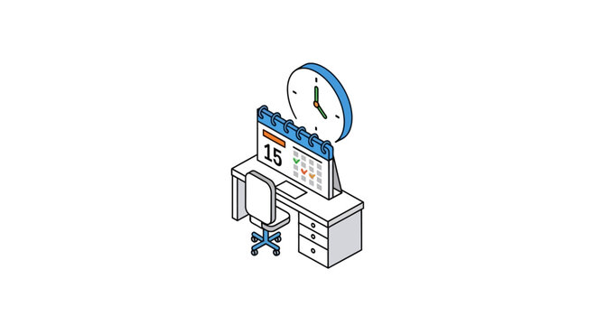 An isometric illustration of a modern office desk with a calendar and wall clock