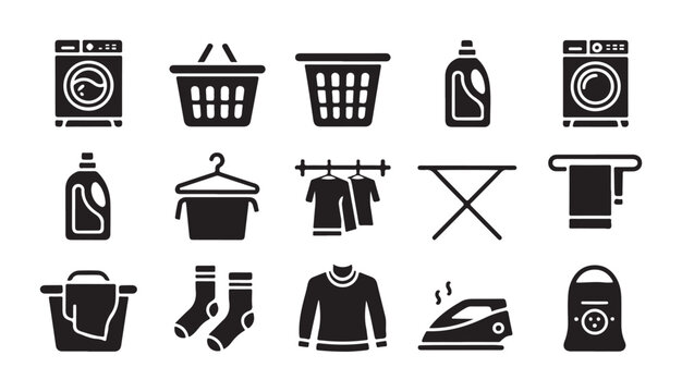 Set of laundry icons isolated on transparent background washing machine clothes hamper detergent.