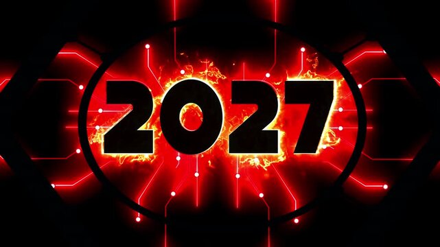 2027 New Year Loop with Fiery Plasma Energy and Glowing Circuit Technology Background Loop