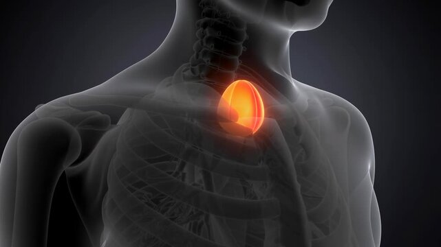 Medical illustration of human thymus gland anatomy with glowing effect in chest cavity