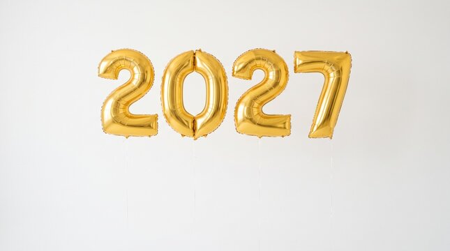 Shiny gold metallic foil balloons forming the number 2027 isolated against a plain white studio background for celebrating the upcoming new year holiday season