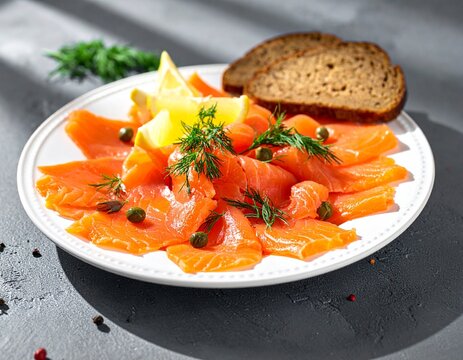 Sliced cured salmon gravlax served with fresh dill, lemon wedges, and capers