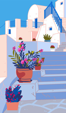 Oia Santorini Greece whitewashed buildings blue stairs potted flowers Mediterranean architecture summer travel scenic street pastel colors