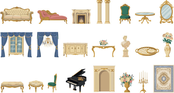 Luxury antique royal living room furniture vector collection featuring elegant baroque sofa, grand piano, fireplace mantel, golden console tables, classic mirrors, and decorative palace ornaments 