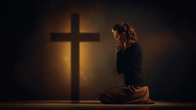 Woman praying in quiet church with illuminated cross in background symbolizing faith and spirituality