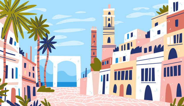 Mediterranean coastal scene architecture palm trees sea colorful buildings towers blue sky travel destination cityscape template