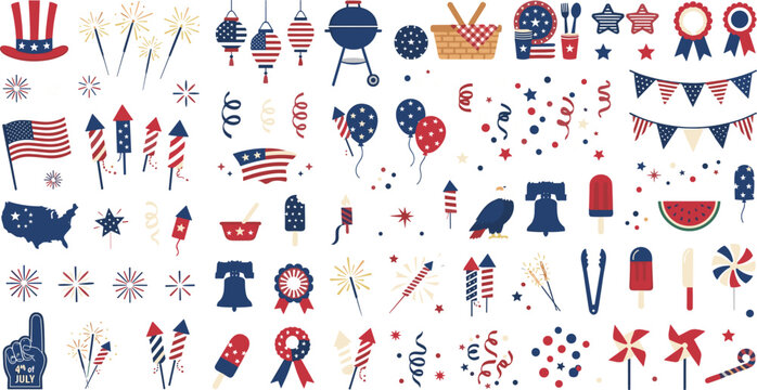 USA Patriotic Fourth of July Graphic Element Vector Set with BBQ Picnic and Fireworks Icons (15 words)