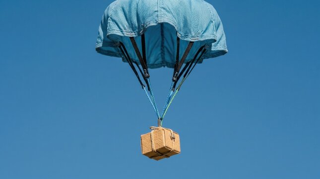 Cardboard box package descending with a blue parachute. Logistics and fast ecommerce delivery concept in a clear blue sky.