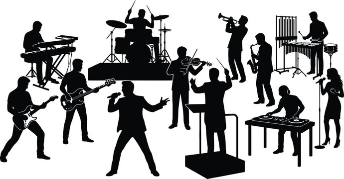 Premium black and white silhouette collection set diverse musical band performance illustration