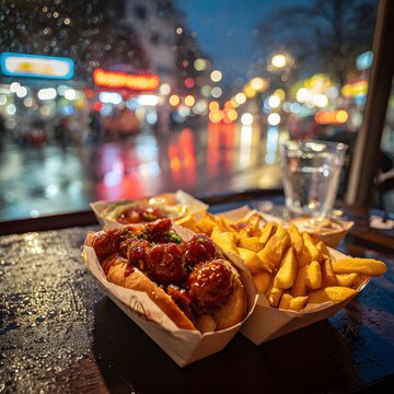 Street view with rain drops through window, fast food on table