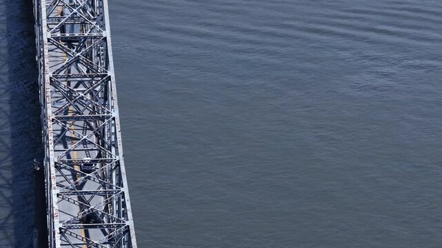 Aerial close up of Cairo Ohio River Iron Bridge at Mississippi, Ohio River confluence