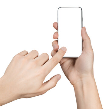 Smartphone mockup held with one hand and touched by another, isolated on cutout transparent background