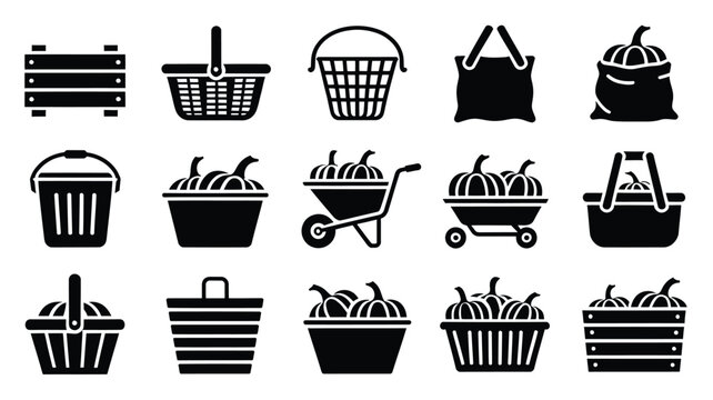 Black silhouettes of various baskets and bags with pumpkins on white background