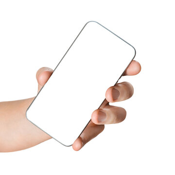 Smartphone with empty display in hand, isolated on cutout transparent background