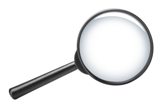 Round magnifying glass with black handle, isolated on transparent cutout background