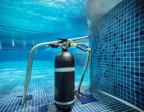 close up of a nitrox scuba tank standing on the steps of an indoor training pool