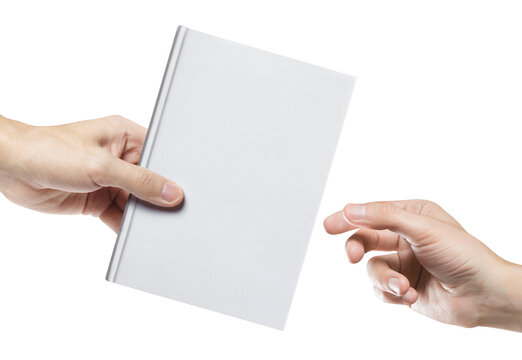 Hands exchanging empty book mockup, isolated on transparent cutout background