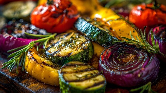 Grilling colorful healthy vegetables with herbs and spices for a delicious meal