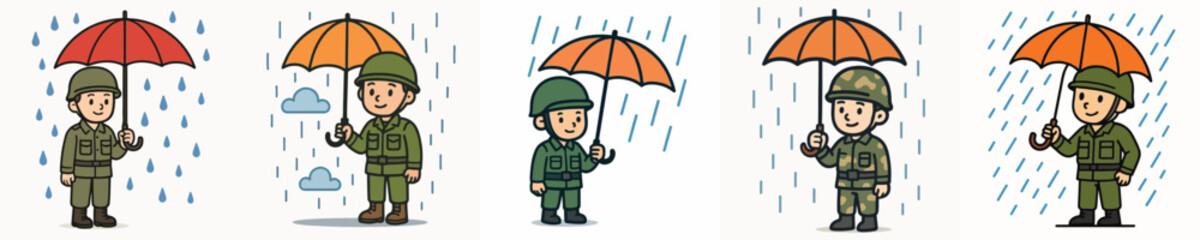 Fototapeta premium Set of vector illustrations of soldiers using umbrellas in the rain.