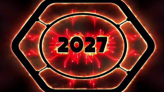2027 New Year Loop with Fiery Plasma Energy and Glowing Circuit Technology Background Loop
