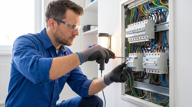 Electrician Installing Residual Current Device, Electrical Safety and Residential Power Protection