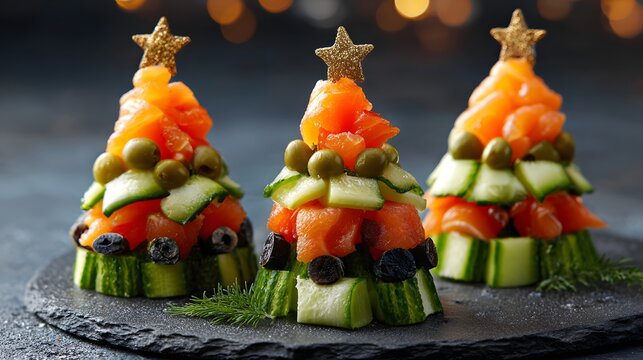 Healthy holiday appetizers assembling fresh vegetables and salmon on a wooden board