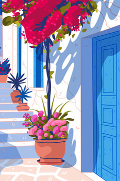 Oia Santorini Greece Mediterranean architecture white walls blue door pink bougainvillea potted plants sunny stairs outdoor scene