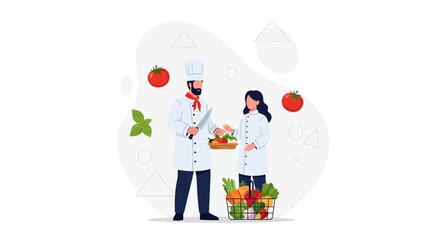 Fototapeta premium Two chefs in uniform, a man and a woman, preparing food with fresh vegetables and tomatoes, vector illustration