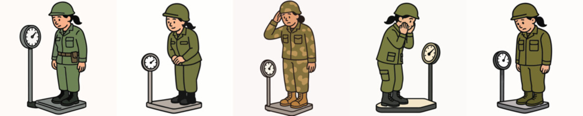 Fototapeta premium Set of vector illustrations of a female soldier weighing herself.