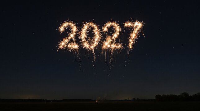 Bright golden sparkler fireworks forming the year 2027 against a dark night sky background with visible stars captured in a long exposure night photograph