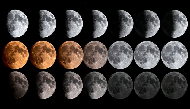 A collage of 25 lunar phases in various shades of gray and orange