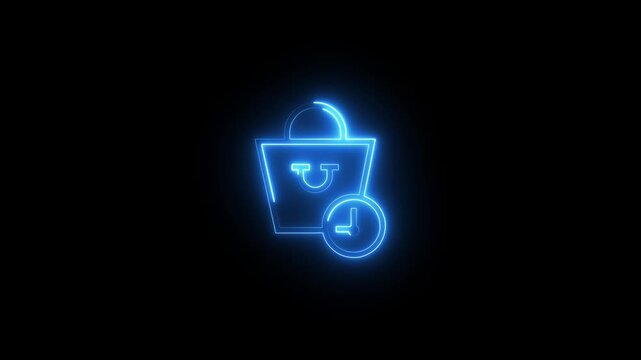 Neon shopping bag with clock icon animation isolated on black background digital graphics.