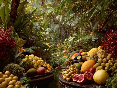 Winding path through a vibrant tropical garden showcasing a variety of exotic fruits and plants