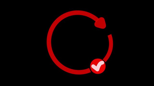 Arrows forming a circular reload path colored in deep red showcase a highlighted checkmark symbol to confirm the finalization of a data refresh process within a clean digital software dashboard.