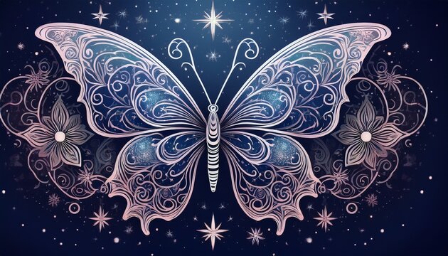 ornate butterfly silhouette with filigree patterns and celestial stars