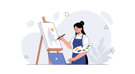Fototapeta premium Artist painting on canvas with palette and laptop, modern illustration, creative process, art studio
