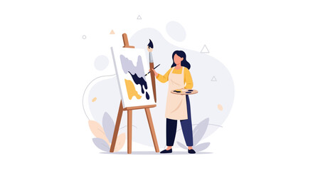 Fototapeta premium Artist Painting on Easel with Palette, Creative Hobby and Art Class Concept, Flat Design Illustration