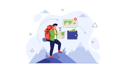 Naklejka premium Backpacker Using Map and Digital Wallet on Mountain Hike, Travel Planning and Finance Concept