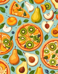 Colorful Fresh Fruits and Pizza Pattern Design.