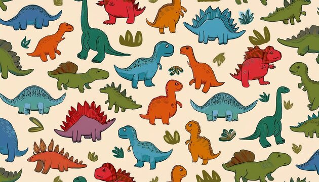 seamless pattern with different types of cute dinosaurs background useful for wallpaper nursery textile wrapping paper