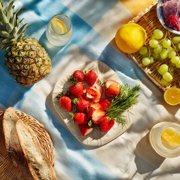 Overhead view of a delicious fruit picnic on a striped blanket in bright sunshine