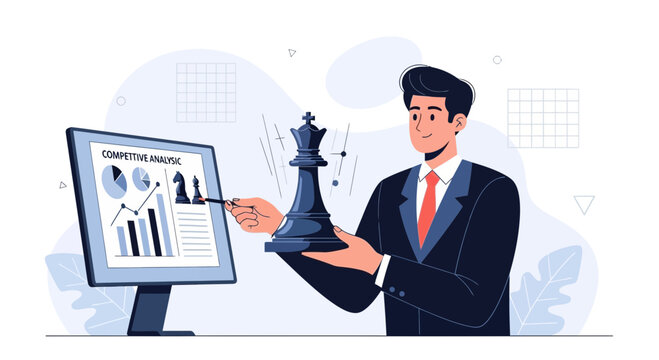 Businessman analyzing competitive market with chess king and digital dashboard