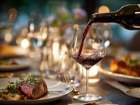 Red wine pouring from bottle into glass on table with grapes and candlelight