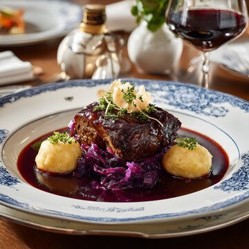 Traditional german sauerbraten served with savory red cabbage and fluffy potato dumplings on a decorated plate