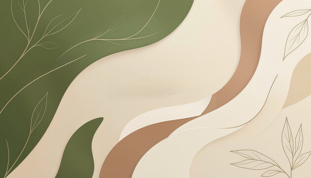 Minimalist organic background with green beige wavy shapes and leaves