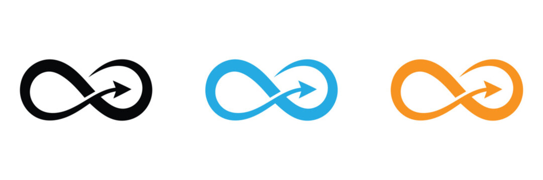 Infinity loop arrow icons in black blue and orange on white background