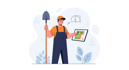 Fototapeta premium Landscaper or Surveyor with Tablet and Shovel, Planning and Design
