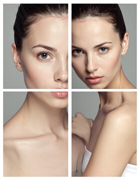 A collage of a woman's face and shoulder with different expressions and angles