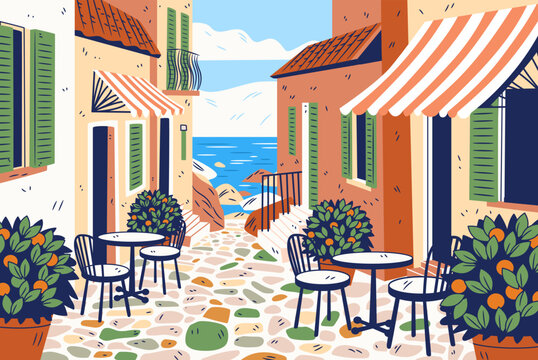 Italian Riviera Italy coastal village street outdoor cafe colorful houses green shutters sea view potted orange trees cobblestone alley