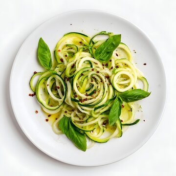 Zucchini noodles with basil and black pepper making a healthy, low-carb pasta alternative on white background